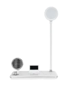 GLOBOSTAR® OLDY 76557 Μοντέρνο Επιτραπέζιο Φωτιστικό Γραφείου με Ασύρματη Φόρτιση 15W 3A, 5W Bluetooth Ηχείο & Ψηφιακό Ρολόι LED 3W 300lm 120° DC 5V με USB-C IP20 Ρυθμιζόμενο Λευκό CCT με Αφή 2700K/4500K/6000K Dimmable - Sanan SMD Chip - Λευκό - Μ13 x Π25 x Υ43cm - 2 Χρόνια Εγγύηση 17 76557 4