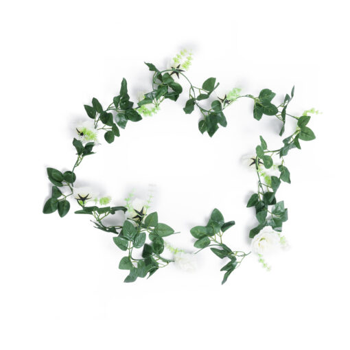 GloboStar® GloboStar® 78131 Τεχνητό Κρεμαστό Φυτό Διακοσμητική Γιρλάντα Λουλουδιών με 10 Λευκά Τριαντάφυλλα & Πράσινο Φύλλωμα Μ12 x Π12 x Υ220cm