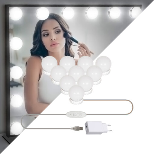 GloboStar® GloboStar® 79047 Φωτιστικό Γιρλάντα με 10 Γλομπάκια για Μακιγιάζ - Καθρέπτη LED 8W 800lm DC 5V με Καλώδιο Τροφοδοσίας USB - Ενσωματωμένο Χειριστήριο Εναλλαγής Χρωμάτων & USB Wall Adapter Αδιάβροχο IP54 CCT Θερμό 2700K έως Ψυχρό 6000K Dimmable