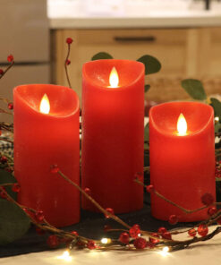 GloboStar® 79558 ΣΕΤ 3 Διακοσμητικών Realistic Κεριών Παραφίνης με LED Εφέ Κινούμενης Φλόγας - Μπαταρίας & Ασύρματο Χειριστήριο IR Κόκκινα με Ασημένιες Ρίγες Θερμό Λευκό 3000K Dimmable 10 79558 5