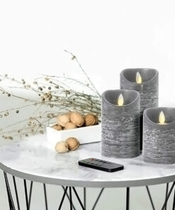 GloboStar® 79559 ΣΕΤ 3 Διακοσμητικών Realistic Κεριών Παραφίνης με LED Εφέ Κινούμενης Φλόγας - Μπαταρίας & Ασύρματο Χειριστήριο IR Γκρι με Ασημένιες Ρίγες Θερμό Λευκό 3000K Dimmable 10 79559 5