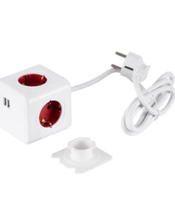 GloboStar® TRAVEL PowerCube PRO Certified 79642 Πολύπριζο 6 Θέσεων με 1.5m Kαλώδιο - 4 Πρίζες Ασφαλείας Childproof EU Schuko AC 220-240V & 2 Πρίζες USB Max 2.1A/DC 5V Μ7.5 x Π7.5 x Υ7.5 - Λευκό με Κόκκινο - Max Load 3680W/16A 25 79642 9