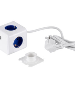 GloboStar® TRAVEL PowerCube PRO Certified 79643 Πολύπριζο 6 Θέσεων με 1.5m Kαλώδιο - 4 Πρίζες Ασφαλείας Childproof EU Schuko AC 220-240V & 2 Πρίζες USB Max 2.1A/DC 5V Μ7.5 x Π7.5 x Υ7.5 - Λευκό με Μπλε - Max Load 3680W/16A 25 79643 9 1