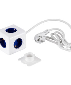GloboStar® TRAVEL PowerCube PRO Certified 79646 Πολύπριζο 5 Θέσεων με 1.5m Kαλώδιο - 5 Πρίζες Ασφαλείας Childproof EU Schuko AC 220-240V Μ7.5 x Π11.5 x Υ7.5 - Λευκό με Μπλε - Max Load 3680W/16A 25 79646 9