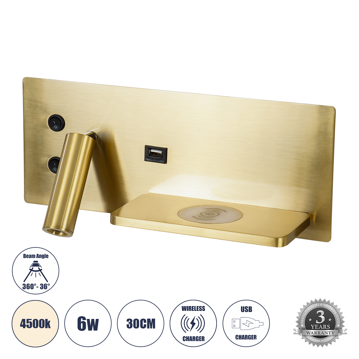 GloboStar® PALADIN 61358 Μοντέρνο Φωτιστικό Τοίχου - Απλίκα Ξενοδοχείου Bed Side LED 6W 720lm 36° AC 220-240V - Reading Light & Κρυφός Φωτισμός - Φορτιστές USB 3A & Wireless 20W - Μ30 x Π11 x Υ12cm - Φυσικό Λευκό 4500K - Χρυσό Βούρτσας - Δεξί 3 GloboStar® GloboStar® PALADIN 61358 Μοντέρνο Φωτιστικό Τοίχου - Απλίκα Ξενοδοχείου Bed Side LED 6W 720lm 36° AC 220-240V - Reading Light & Κρυφός Φωτισμός - Φορτιστές USB 3A & Wireless 20W - Μ30 x Π11 x Υ12cm - Φυσικό Λευκό 4500K - Χρυσό Βούρτσας - Δεξί