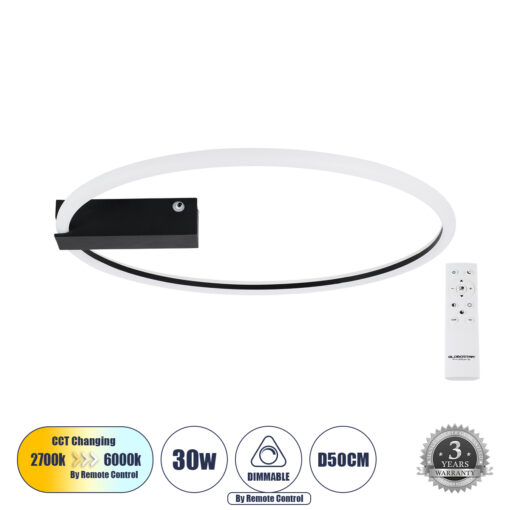 GloboStar® GloboStar® CINDERELLA 60980 Φωτιστικό Οροφής Δαχτυλίδι-Κύκλος LED CCT 30W 3360lm 360° AC 220-240V - Εναλλαγή Φωτισμού μέσω Τηλεχειριστηρίου All In One Ψυχρό 6000k+Φυσικό 4500k+Θερμό 2700k Dimmable Φ50cm - Μαύρο - 3 Years Warranty
