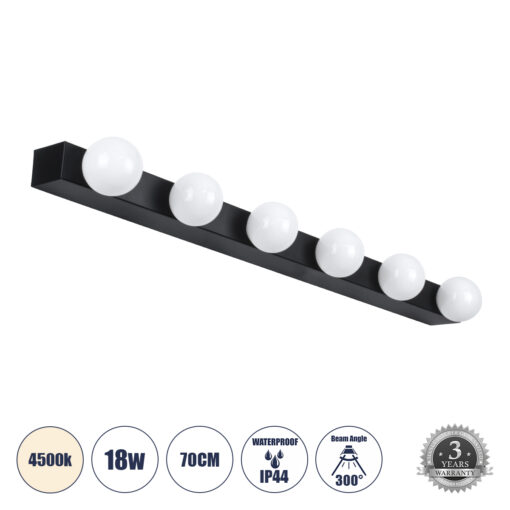 GloboStar® GloboStar® BELLA 60452 Μοντέρνο Φωτιστικό Τοίχου - Απλίκα Καθρέπτη Μπάνιου - Πίνακα LED 18W 2052lm 300° AC 220-240V IP44 Μ70 x Π11 x Υ6cm - Φυσικό Λευκό 4500K - Μαύρο - 3 Χρόνια Εγγύηση