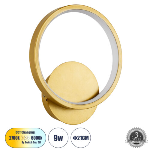 GloboStar® GLOBOSTAR® TED 61072 Μοντέρνο Φωτιστικό Τοίχου - Απλίκα LED 9W 1080lm 300° AC 220-240V IP20 Ρυθμιζόμενο Λευκό CCT με On/Off 2700K/4500K/6000K - Lumileds SMD Chip - Χρυσό Βούρτσας - Μ20 x Π5.5 x Υ23cm - 3 Χρόνια Εγγύηση