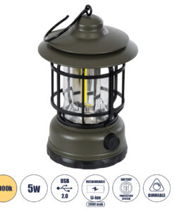 GloboStar® GloboStar® 85693 Αυτόνομο Επαναφορτιζόμενο Φανάρι Camping LED 5W USB 2.0 με Επαναφορτιζόμενη Μπαταρία 1 x 18650 2000mAh Li-ion - IP20 - Dimmable - Πράσινο Χακί με Διάφανο Γυαλί - Θερμό Λευκό 3000K Φ12 x Υ17cm