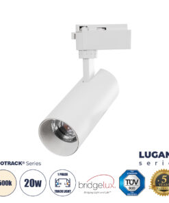 GloboStar® GloboStar® LUGANO 60807 Μονοφασικό Φωτιστικό Σποτ Ράγας LED 20W 2500lm 36° Acrylic HQ LENS AC 220-240V IP20 Φ6.5 x Υ22cm Φυσικό Λευκό 4500K - EUROTRACK® System 1L+1N - Λευκό - Bridgelux Chip - TÜV Certified Driver - 5 Χρόνια Εγγύηση