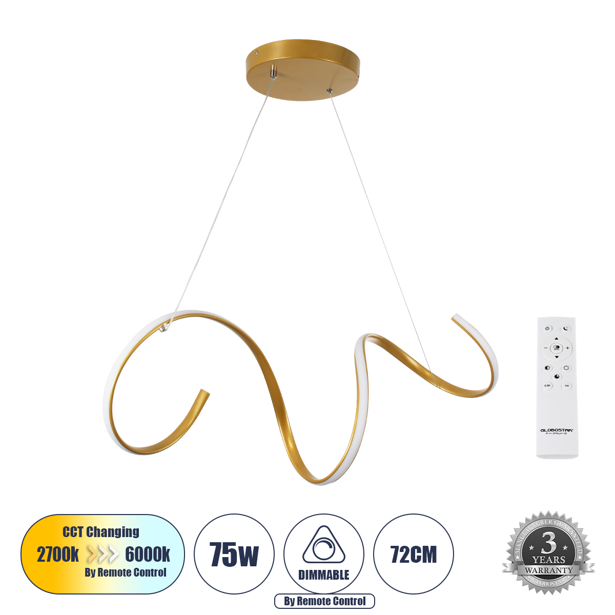 GLOBOSTAR® SPIRALE 61286 Μοντέρνο Κρεμαστό Φωτιστικό Οροφής LED 75W 8400lm 300° AC 220-240V IP20 Ρυθμιζόμενο Λευκό CCT με Χειριστήριο από 2700K έως 6000K Dimmable - Lumileds SMD Chip - Χρυσό Βούρτσας - Μ72 x Π25 x Υ30cm - 3 Χρόνια Εγγύηση 3 GloboStar® GLOBOSTAR® SPIRALE 61286 Μοντέρνο Κρεμαστό Φωτιστικό Οροφής LED 75W 8400lm 300° AC 220-240V IP20 Ρυθμιζόμενο Λευκό CCT με Χειριστήριο από 2700K έως 6000K Dimmable - Lumileds SMD Chip - Χρυσό Βούρτσας - Μ72 x Π25 x Υ30cm - 3 Χρόνια Εγγύηση
