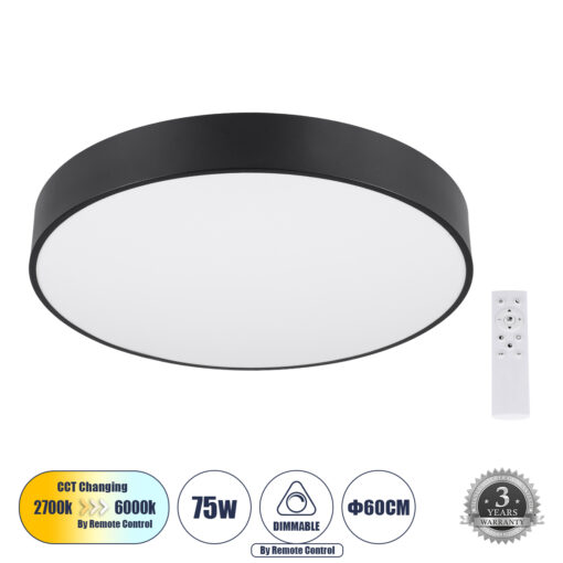 GloboStar® GloboStar® BURTON 61202-S Πλαφονιέρα Οροφής LED CCT 75W 8625lm 120° AC 220-240V - Εναλλαγή Φωτισμού μέσω Τηλεχειριστηρίου All In One Ψυχρό 6000k+Φυσικό 4500k+Θερμό 2700k Dimmable Φ60cm - Μαύρο - 3 Years Warranty