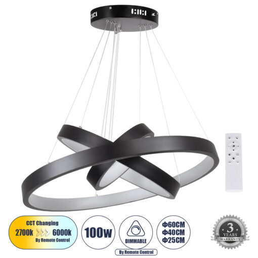 GloboStar® GLOBOSTAR® NEMESIS TRIO 61167-DECO Μοντέρνο Κρεμαστό Φωτιστικό Οροφής LED 100W 12123lm 360° AC 220-240V IP20 Ρυθμιζόμενο Λευκό CCT με Χειριστήριο από 2700K έως 6000K Dimmable - Lumileds SMD Chip - Μαύρο - Μ25 x Π40 x Υ60cm - 3 Χρόνια Εγγύηση