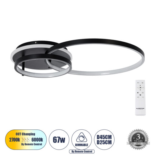 GloboStar® GloboStar® NEMESIS 61105 Φωτιστικό Οροφής Δαχτυλίδι-Κύκλος LED CCT 67W 7573lm 360° AC 220-240V - Εναλλαγή Φωτισμού μέσω Τηλεχειριστηρίου All In One Ψυχρό 6000k+Φυσικό 4500k+Θερμό 2700k Dimmable Φ25+45cm+BackLight - Μαύρο - 3 Years Warranty