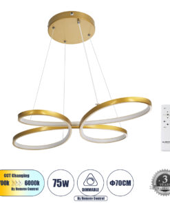 GloboStar® GLOBOSTAR® BUTTERFLY 61393 Μοντέρνο Κρεμαστό Φωτιστικό Οροφής LED 75W 8400lm 300° AC 220-240V IP20 Ρυθμιζόμενο Λευκό CCT με Χειριστήριο από 2700K έως 6000K Dimmable - Lumileds SMD Chip - Χρυσό Βούρτσας - Μ70 x Π55 x Υ4cm - 3 Χρόνια Εγγύηση