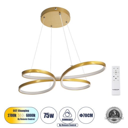 GloboStar® GLOBOSTAR® BUTTERFLY 61393 Μοντέρνο Κρεμαστό Φωτιστικό Οροφής LED 75W 8400lm 300° AC 220-240V IP20 Ρυθμιζόμενο Λευκό CCT με Χειριστήριο από 2700K έως 6000K Dimmable - Lumileds SMD Chip - Χρυσό Βούρτσας - Μ70 x Π55 x Υ4cm - 3 Χρόνια Εγγύηση