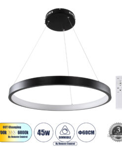 GloboStar® GLOBOSTAR® NEMESIS 61158 Μοντέρνο Κρεμαστό Φωτιστικό Οροφής LED 45W 5230lm 360° AC 220-240V IP20 Ρυθμιζόμενο Λευκό CCT με Χειριστήριο από 2700K έως 6000K Dimmable - Lumileds SMD Chip - Μαυρό - Μ60 x Π60 x Υ4cm - 3 Χρόνια Εγγύηση