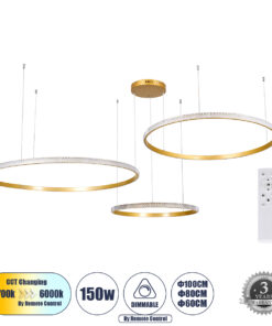 GloboStar® GLOBOSTAR® DIAMOND TRIO 61147 Μοντέρνο Κρεμαστό Φωτιστικό Οροφής LED 150W 18379lm 360° AC 220-240V IP20 Ρυθμιζόμενο Λευκό CCT με Χειριστήριο από 2700K έως 6000K Dimmable - Lumileds SMD Chip - Χρυσό Βούρτσας - Μ170 x Π170 x Υ60cm - 3 Χρόνια Εγγύηση