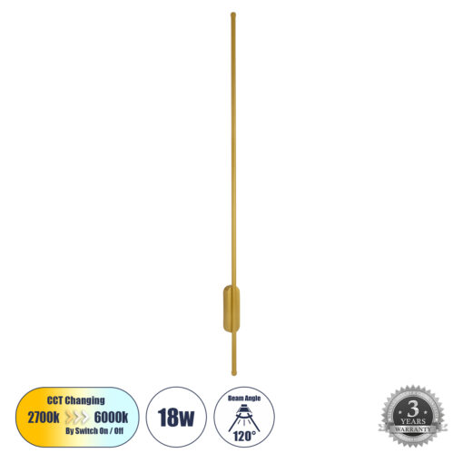 GloboStar® GLOBOSTAR® HARLEM 61336 Μοντέρνο Φωτιστικό Τοίχου - Απλίκα LED 18W 2160lm 120° AC 220-240V IP20 Ρυθμιζόμενο Λευκό CCT με On/Off 2700K/4500K/6000K - Lumileds SMD Chip - Χρυσό Βούρτσας - Μ5 x Π4 x Υ120cm - 3 Χρόνια Εγγύηση