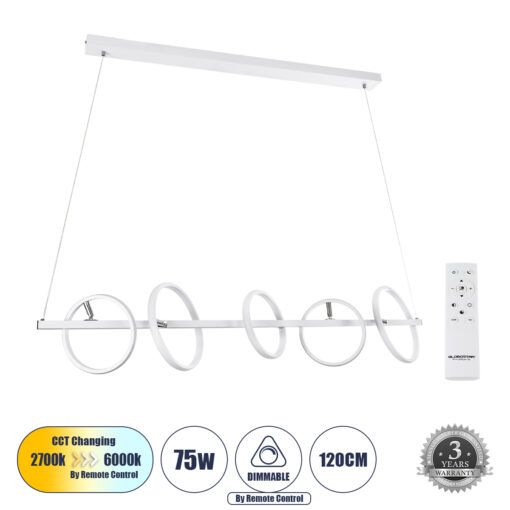GloboStar® GLOBOSTAR® CIRCOLARE 61320 Μοντέρνο Κρεμαστό Φωτιστικό Οροφής LED 75W 8400lm 360° AC 220-240V IP20 Ρυθμιζόμενο Λευκό CCT με Χειριστήριο από 2700K έως 6000K Dimmable - Lumileds SMD Chip - Λευκό - Μ120 x Π25 x Υ25cm - 3 Χρόνια Εγγύηση