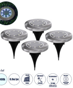 GloboStar® GloboStar® 69929 ΣΕΤ 4 Τεμαχίων Αυτόνομα Ηλιακά Φωτιστικά LED SMD 0.80W/Τεμ. 80lm/Τεμ. με Ενσωματωμένη Μπαταρία 600mAh - Φωτοβολταϊκό Πάνελ με Αισθητήρα Ημέρας-Νύχτας Αδιάβροχο IP65 Φανάρι Κήπου Στρογγυλό Ψυχρό Λευκό 6000K Φ12 x Υ13cm