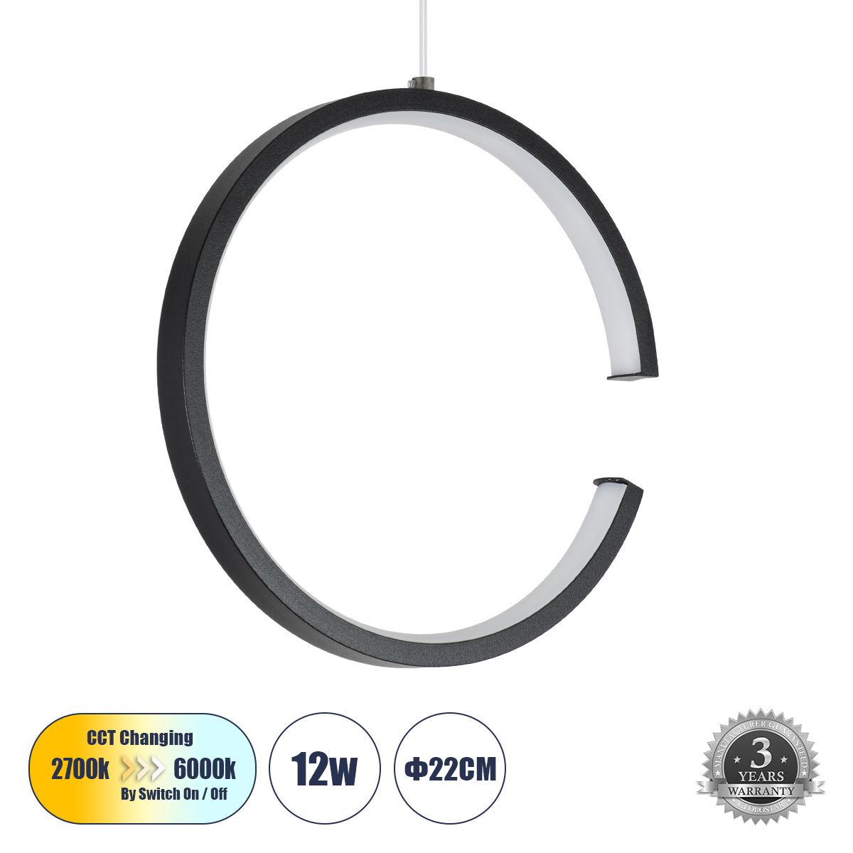 GLOBOSTAR® CEROBA 61306 Μοντέρνο Κρεμαστό Φωτιστικό Οροφής LED 12W 1320lm 360° AC 220-240V IP20 Ρυθμιζόμενο Λευκό CCT με On/Off 2700K/4500K/6000K - Lumileds SMD Chip - Μαύρο - Μ22 x Π2 x Υ22cm - 3 Χρόνια Εγγύηση 3 GloboStar® GLOBOSTAR® CEROBA 61306 Μοντέρνο Κρεμαστό Φωτιστικό Οροφής LED 12W 1320lm 360° AC 220-240V IP20 Ρυθμιζόμενο Λευκό CCT με On/Off 2700K/4500K/6000K - Lumileds SMD Chip - Μαύρο - Μ22 x Π2 x Υ22cm - 3 Χρόνια Εγγύηση