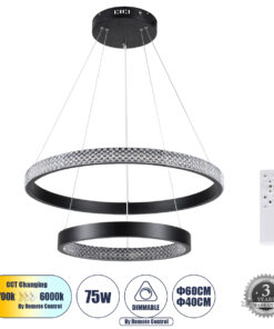 GloboStar® GLOBOSTAR® DIAMOND DUO 61150 Μοντέρνο Κρεμαστό Φωτιστικό Οροφής LED 75W 8743lm 360° AC 220-240V IP20 Ρυθμιζόμενο Λευκό CCT με Χειριστήριο από 2700K έως 6000K Dimmable - Lumileds SMD Chip - Μαυρό Ματ - Μ60 x Π60 x Υ40cm - 3 Χρόνια Εγγύηση