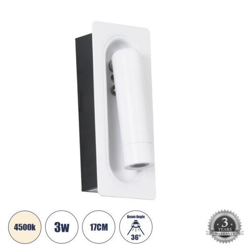 GloboStar® GloboStar® MANHATTAN 61098 Μοντέρνο Χωνευτό Φωτιστικό Τοίχου - Απλίκα Ξενοδοχείου Bed Side LED 3W 405lm 36° AC 220-240V - Reading Light - Μ7 x Π7 x Υ17cm - Φυσικό Λευκό 4500K - Λευκό