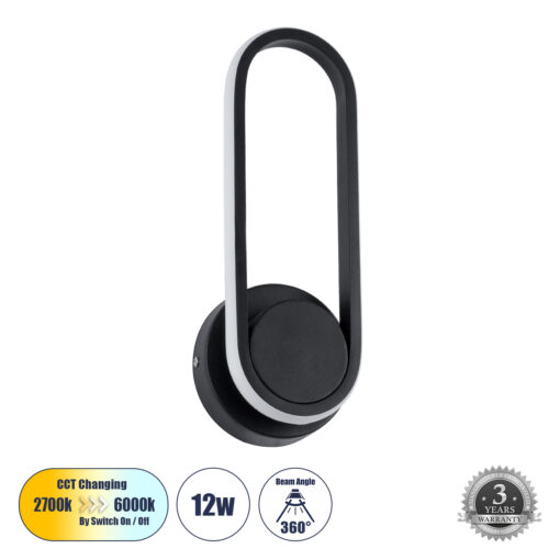 GloboStar® GLOBOSTAR® DALLAS 61345 Μοντέρνο Φωτιστικό Τοίχου - Απλίκα LED 12W 1440lm 360° AC 220-240V IP20 Ρυθμιζόμενο Λευκό CCT με On/Off 2700K/4500K/6000K - Lumileds SMD Chip - Μαύρο Ματ - Μ12 x Π6.5 x Υ32cm - 3 Χρόνια Εγγύηση