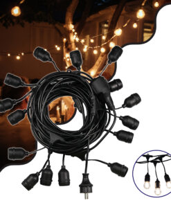 GloboStar® GLOBOSTAR® E27GARLAND 78985 Μοντέρνο Φωτιστικό Κήπου Γιρλάντα 20m με Ντουί 15 x E27 & Πρίζα Schuko Επεκτεινόμενη 90° AC 220-240V IP65 - Μαύρο - Μ1500 x Π127 x Υ16cm
