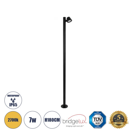 GloboStar® GloboStar® GARDENIA 60511 Φωτιστικό Κήπου - Πάρκου - Πλατείας - Κολωνάκι Αρχιτεκτονικού Φωτισμού Εξωτερικού Χώρου LED 7W 700lm 60° AC220-240V Αδιάβροχο IP65 - Σώμα Αλουμινίου & Tempered Glass - Μ15 x Π18 x Υ180cm - Θερμό Λευκό 2700K - Μαύρο - Bridgelux Chip - 5 Years Warranty