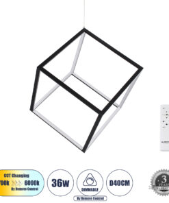 GloboStar® GLOBOSTAR® KIBOO 60929 Μοντέρνο Κρεμαστό Φωτιστικό Οροφής LED 36W 4150lm 360° AC 220-240V IP20 Ρυθμιζόμενο Λευκό CCT με Χειριστήριο από 2700K έως 6000K Dimmable - Lumileds SMD Chip - Μαύρο - Μ40 x Π40 x Υ40cm - 3 Χρόνια Εγγύηση