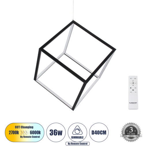 GloboStar® GLOBOSTAR® KIBOO 60929 Μοντέρνο Κρεμαστό Φωτιστικό Οροφής LED 36W 4150lm 360° AC 220-240V IP20 Ρυθμιζόμενο Λευκό CCT με Χειριστήριο από 2700K έως 6000K Dimmable - Lumileds SMD Chip - Μαύρο - Μ40 x Π40 x Υ40cm - 3 Χρόνια Εγγύηση