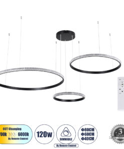 GloboStar® GLOBOSTAR® DIAMOND TRIO 61144 Μοντέρνο Κρεμαστό Φωτιστικό Οροφής LED 120W 14723lm 360° AC 220-240V IP20 Ρυθμιζόμενο Λευκό CCT με Χειριστήριο από 2700K έως 6000K Dimmable - Lumileds SMD Chip - Μαυρό Ματ - Μ150 x Π150 x Υ60cm - 3 Χρόνια Εγγύηση