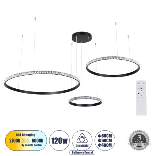 GloboStar® GLOBOSTAR® DIAMOND TRIO 61144 Μοντέρνο Κρεμαστό Φωτιστικό Οροφής LED 120W 14723lm 360° AC 220-240V IP20 Ρυθμιζόμενο Λευκό CCT με Χειριστήριο από 2700K έως 6000K Dimmable - Lumileds SMD Chip - Μαυρό Ματ - Μ150 x Π150 x Υ60cm - 3 Χρόνια Εγγύηση