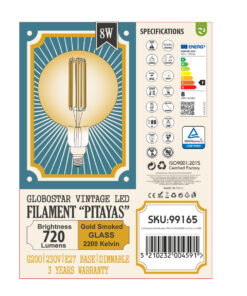 GloboStar® 99165 Λάμπα LED Long Filament E27 G200 PITAYAS Γλόμπος 8W 720lm 360° AC 220-240V IP20 Φ20 x Υ30cm Ultra Θερμό Λευκό 2200K με Μελί Γυαλί - Dimmable - 3 Χρόνια Εγγύηση 12 99165 6
