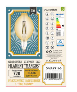 GloboStar® 99166 Λάμπα LED Long Filament E27 BT180 MANGOS Γλόμπος 8W 720lm 360° AC 220-240V IP20 Φ18 x Υ39cm Ultra Θερμό Λευκό 2200K με Μελί Γυαλί - Dimmable - 3 Χρόνια Εγγύηση 12 99166 6