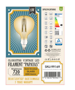 GloboStar® 99169 Λάμπα LED Long Filament E27 ER180 PAPAYAS Γλόμπος 8W 720lm 360° AC 220-240V IP20 Φ18 x Υ30cm Ultra Θερμό Λευκό 2200K με Μελί Γυαλί - Dimmable - 3 Years Warranty 12 99169 6