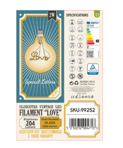 GloboStar® 99252 Λάμπα LED Ultra Thin Soft S Spiral Letter Filament E27 G125 LOVE Γλόμπος 2.4W 204lm 360° AC 220-240V IP20 Φ12.5 x Υ18cm Ultra Θερμό Λευκό 2200K με Μελί Γυαλί - Dimmable - 3 Years Warranty 12 99252 6