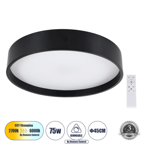 GloboStar® GloboStar® NARNIA 61257 Πλαφονιέρα Οροφής LED CCT 75W 8625lm 120° AC 220-240V - Εναλλαγή Φωτισμού μέσω Τηλεχειριστηρίου All In One Ψυχρό 6000k+Φυσικό 4500k+Θερμό 2700k Dimmable Φ45 x Υ8cm - Μαύρο - 3 Years Warranty