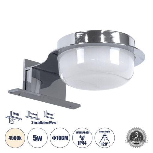 GloboStar® GloboStar® KIARA 60402 Μοντέρνο Φωτιστικό Τοίχου - Απλίκα Καθρέπτη Μπάνιου με 3 Τρόπους Τοποθέτησης LED 5W 560lm 120° AC 220-240V IP44 Μ10 x Π13 x Υ3cm - Φυσικό Λευκό 4500K - Χρώμιο Νίκελ - 3 Χρόνια Εγγύηση