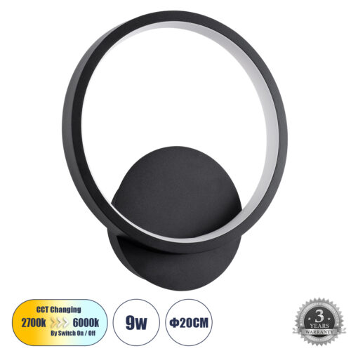 GloboStar® GloboStar® TED 61070 Φωτιστικό Τοίχου - Απλίκα Design LED CCT 9W 1080lm 300° AC 220-240V - Εναλλαγή Φωτισμού μέσω Διακόπτη On/Off All In One Ψυχρό 6000k+Φυσικό 4500k+Θερμό 2700k Μ20 x Π5.5 x Υ23cm - Μαύρο
