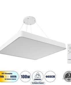 GloboStar® GLOBOSTAR® KAMALA 61211-P Μοντέρνο Κρεμαστό Φωτιστικό Οροφής LED 100W 11020lm 120° AC 220-240V IP20 Ρυθμιζόμενο Λευκό CCT με Χειριστήριο από 2700K έως 6000K Dimmable - Lumileds SMD Chip - Λευκό - Μ80 x Π80 x Υ8cm - 3 Χρόνια Εγγύηση