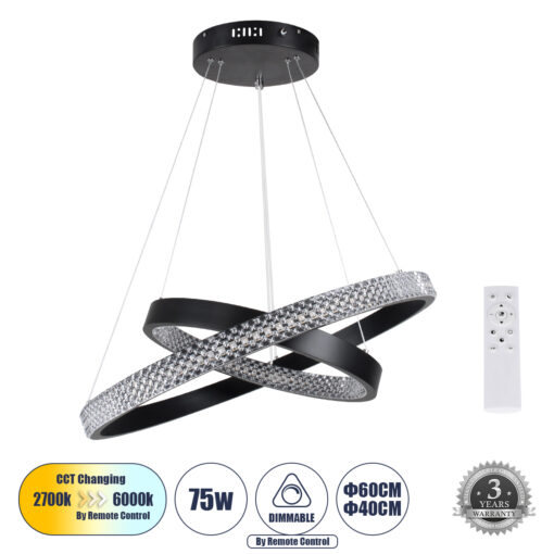 GloboStar® GLOBOSTAR® DIAMOND DUO 61150-DECO Μοντέρνο Κρεμαστό Φωτιστικό Οροφής LED 75W 8743lm 360° AC 220-240V IP20 Ρυθμιζόμενο Λευκό CCT με Χειριστήριο από 2700K έως 6000K Dimmable - Lumileds SMD Chip - Μαύρο - Μ60 x Π60 x Υ40cm - 3 Χρόνια Εγγύηση