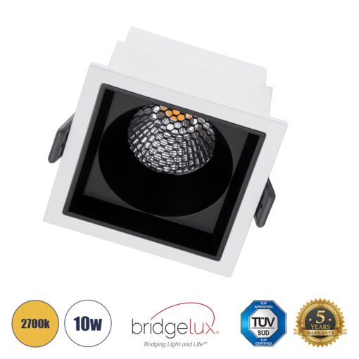 GloboStar® GloboStar® PLUTO-M 60271 Χωνευτό LED Spot Downlight TrimLess Μ8.4xΠ8.4cm 10W 1250lm 38° AC 220-240V IP20 Μ8.4 x Π8.4 x Υ5.9cm - Τετράγωνο - Λευκό με Μαύρο Κάτοπτρο & Anti-Glare HoneyComb - Θερμό Λευκό 2700K - Bridgelux COB - 5 Years Warranty