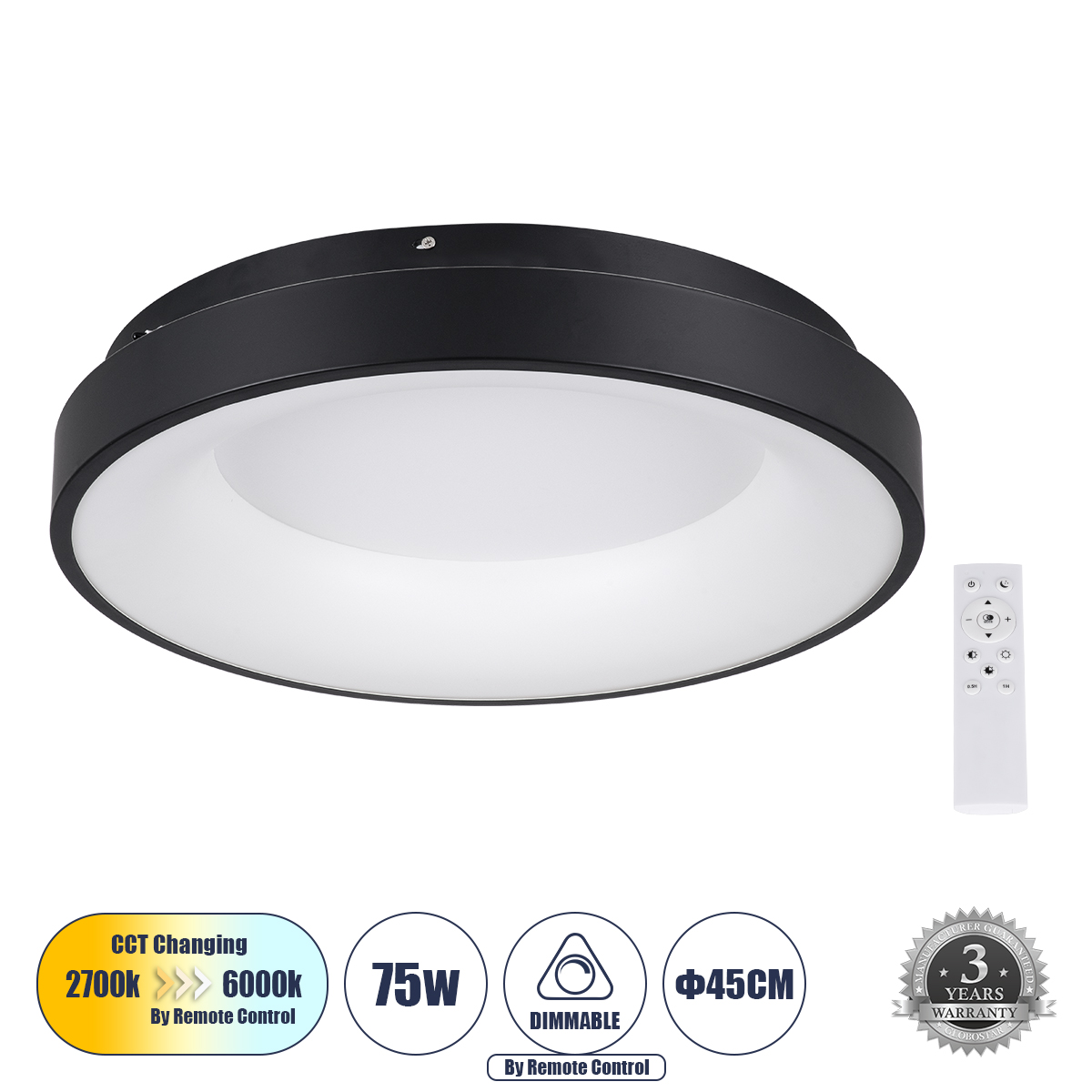 GloboStar® SALEM 61233 Πλαφονιέρα Οροφής Δαχτυλίδι-Κύκλος LED CCT 75W 8625lm 120° AC 220-240V - Εναλλαγή Φωτισμού μέσω Τηλεχειριστηρίου All In One Ψυχρό 6000k+Φυσικό 4500k+Θερμό 2700k Dimmable Φ45cm - Μαύρο - 3 Years Warranty 3 GloboStar® GloboStar® SALEM 61233 Πλαφονιέρα Οροφής Δαχτυλίδι-Κύκλος LED CCT 75W 8625lm 120° AC 220-240V - Εναλλαγή Φωτισμού μέσω Τηλεχειριστηρίου All In One Ψυχρό 6000k+Φυσικό 4500k+Θερμό 2700k Dimmable Φ45cm - Μαύρο - 3 Years Warranty