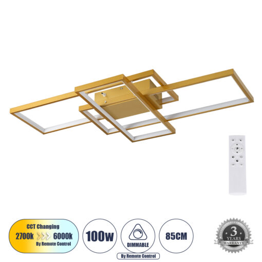 GloboStar® GLOBOSTAR® QUADRA 61387 Μοντέρνο Φωτιστικό Οροφής LED 100W 12000lm 120° AC 220-240V IP20 Ρυθμιζόμενο Λευκό CCT με Χειριστήριο από 2700K έως 6000K Dimmable - Lumileds SMD Chip - Χρυσό Βούρτσας - Μ85 x Π45 x Υ9cm - 3 Χρόνια Εγγύηση