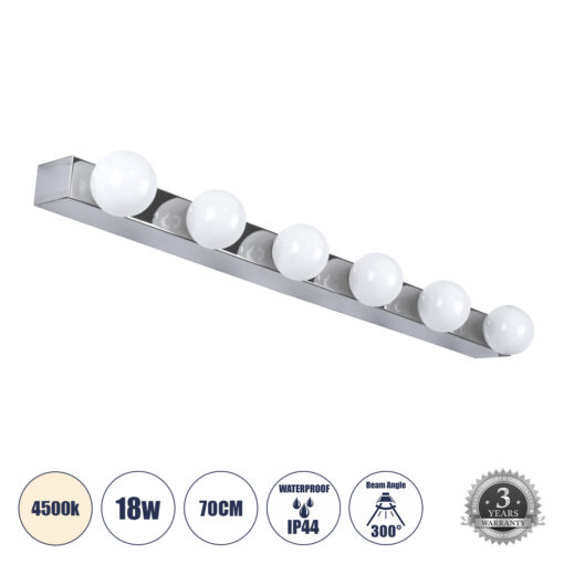 GloboStar® GloboStar® BELLA 60453 Μοντέρνο Φωτιστικό Τοίχου - Απλίκα Καθρέπτη Μπάνιου - Πίνακα LED 18W 2052lm 300° AC 220-240V IP44 Μ70 x Π11 x Υ6cm - Φυσικό Λευκό 4500K - Χρώμιο Νίκελ - 3 Χρόνια Εγγύηση