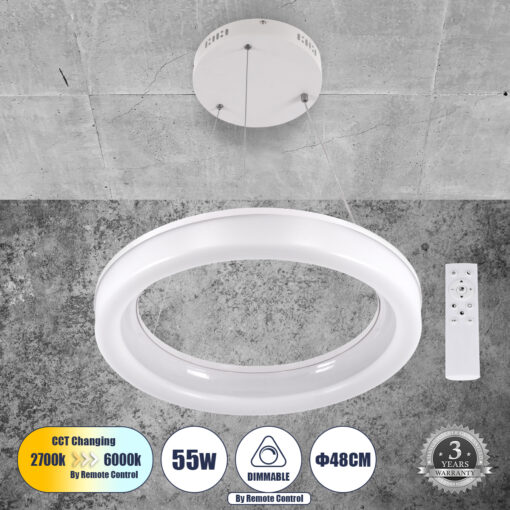 GloboStar® GLOBOSTAR® ARIANA 61038 Μοντέρνο Κρεμαστό Φωτιστικό Οροφής LED 55W 6376lm 120° AC 220-240V IP20 Ρυθμιζόμενο Λευκό CCT με Χειριστήριο από 2700K έως 6000K Dimmable - Lumileds SMD Chip - Λευκό - Μ48 x Π48 x Υ6.5cm - 3 Χρόνια Εγγύηση