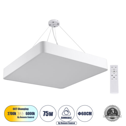 GloboStar® GLOBOSTAR® KAMALA 61209-P Μοντέρνο Κρεμαστό Φωτιστικό Οροφής LED 75W 8625lm 120° AC 220-240V IP20 Ρυθμιζόμενο Λευκό CCT με Χειριστήριο από 2700K έως 6000K Dimmable - Lumileds SMD Chip - Λευκό - Μ60 x Π60 x Υ8cm - 3 Χρόνια Εγγύηση